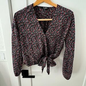 Madewell Black and Pink Tie-Front Blouse with Mandarin Collar